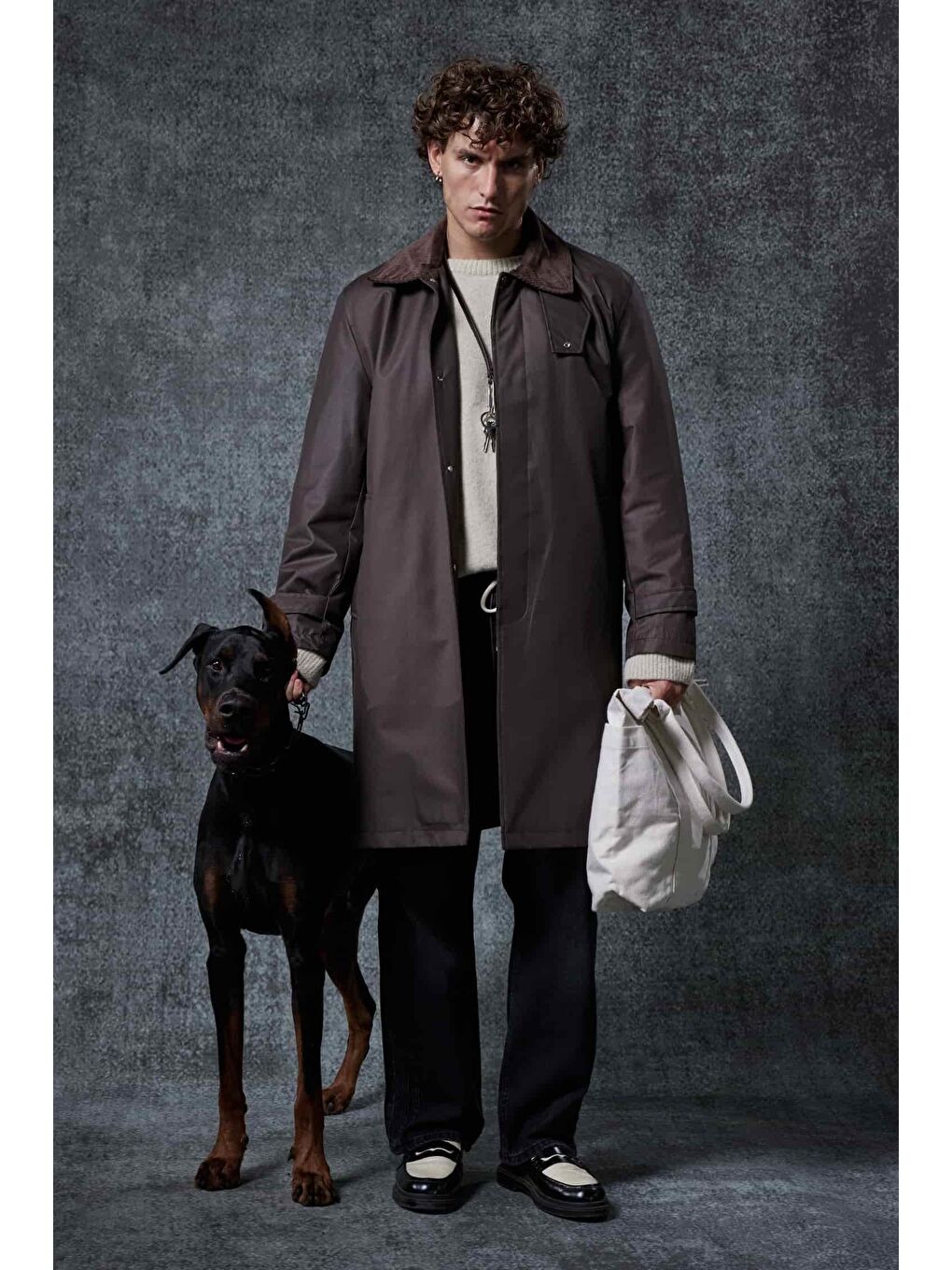 Erkek Relax Fit Kadife Yaka Detaylı Uzun Trençkot Haki Yeşil