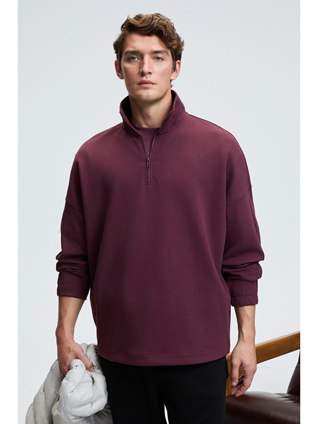 Edıson Erkek Yarım Fermuarlı Kolu Baskılı Dik Yaka Bordo Sweatshirt-2