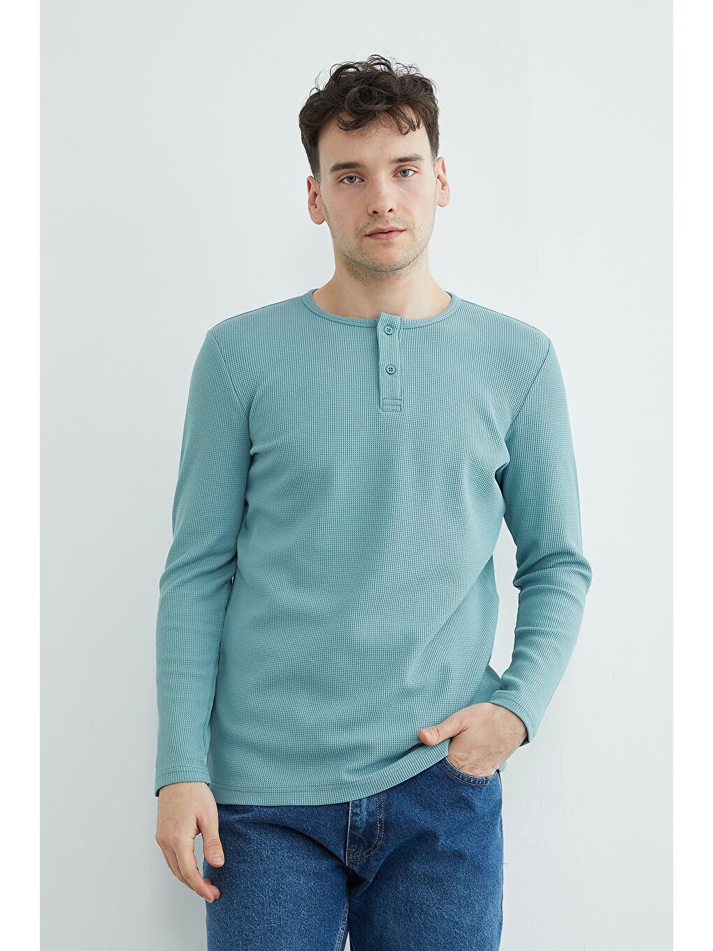 Yeşil Petek Kumaş Yarım Düğmeli Sweatshirt-3