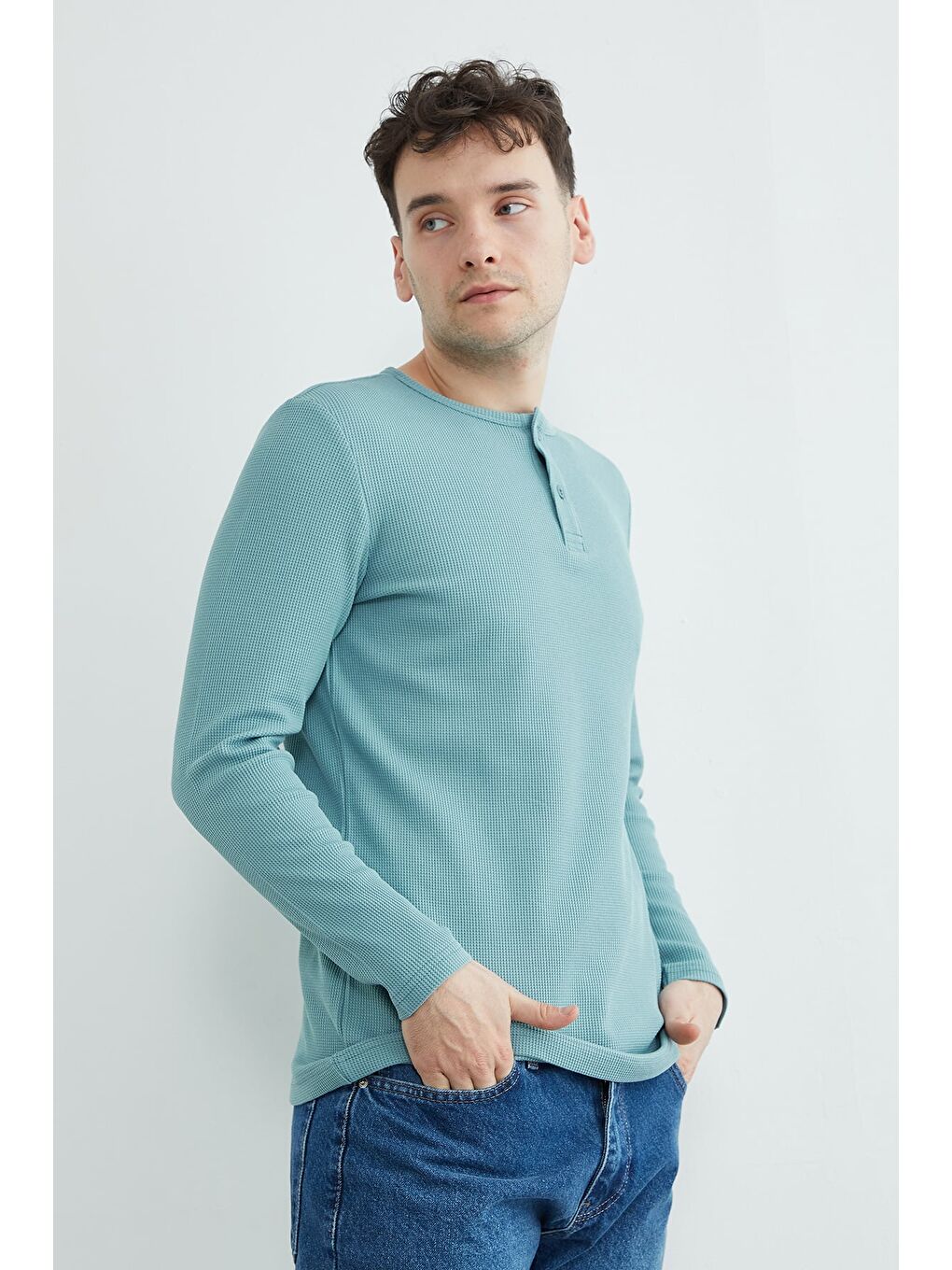 Yeşil Petek Kumaş Yarım Düğmeli Sweatshirt-4