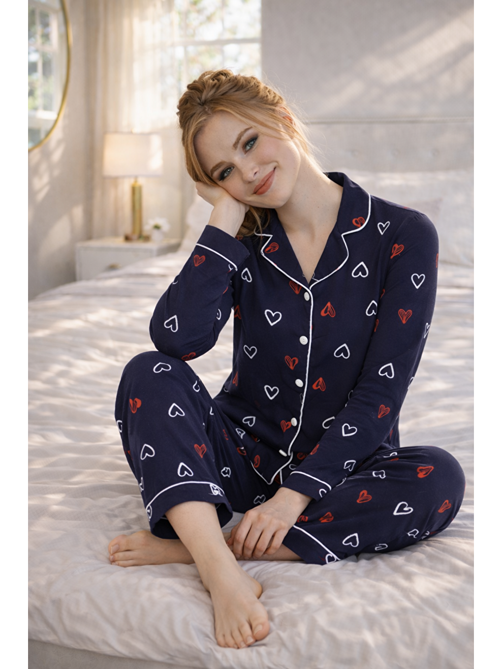 Lacivert PREMIUM Kadın %100 Doğal Pamuk Kalpli Gömlek Yaka Biyeli Düğmeli Yüksek Kaliteli Pijama Takımı