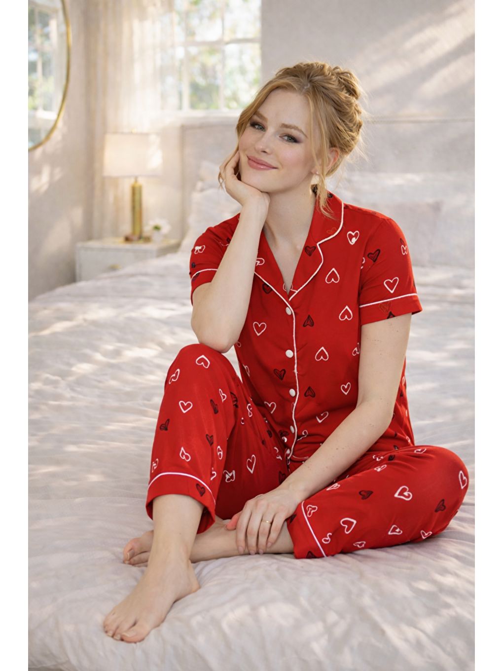 Kırmızı PREMIUM Kadın %100 Doğal Pamuk Kalpli Gömlek Yaka Biyeli Düğmeli Yüksek Kaliteli Pijama Takımı-2
