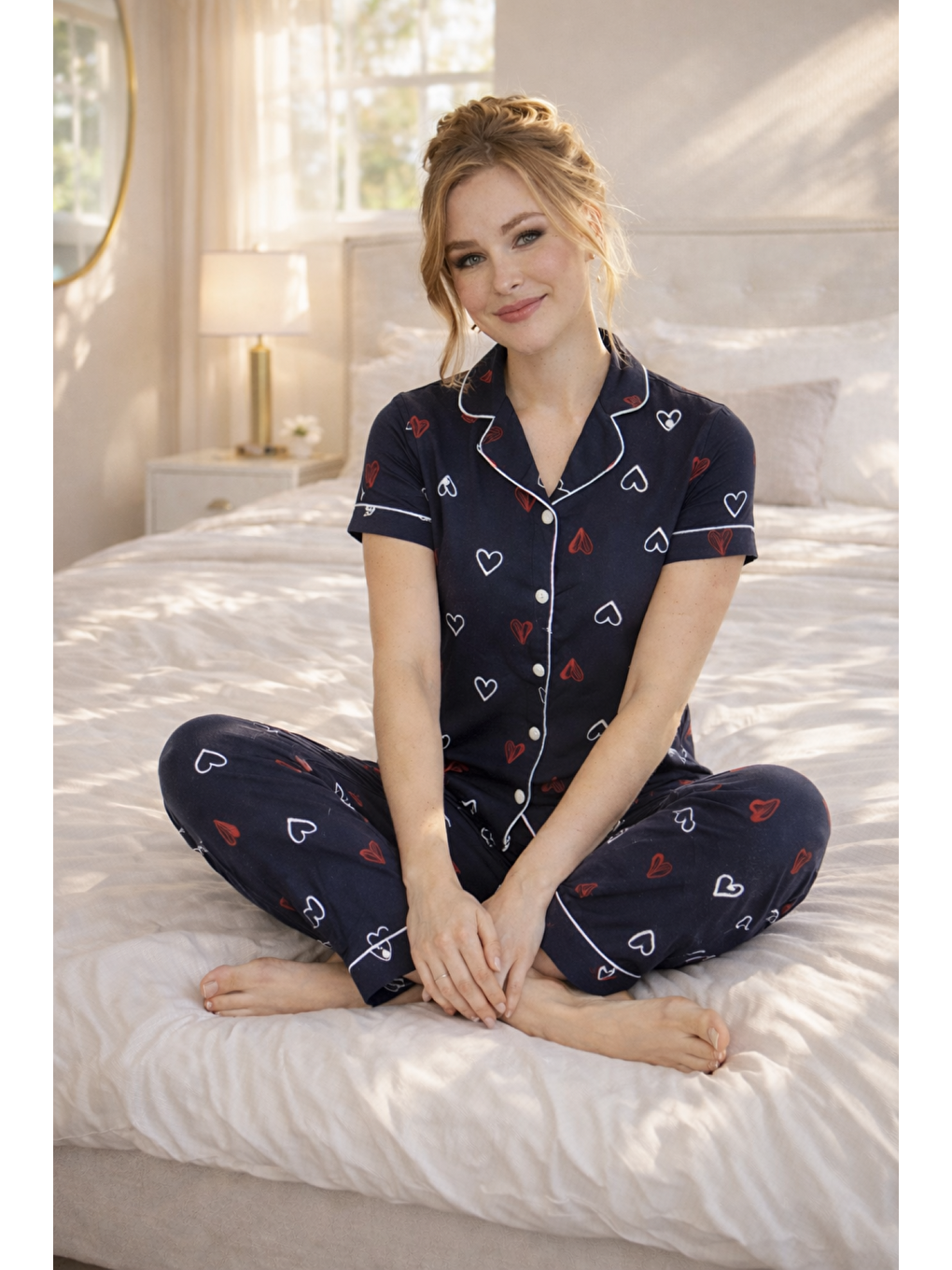 Lacivert PREMIUM Kadın %100 Doğal Pamuk Kalpli Gömlek Yaka Biyeli Düğmeli Yüksek Kaliteli Pijama Takımı-3