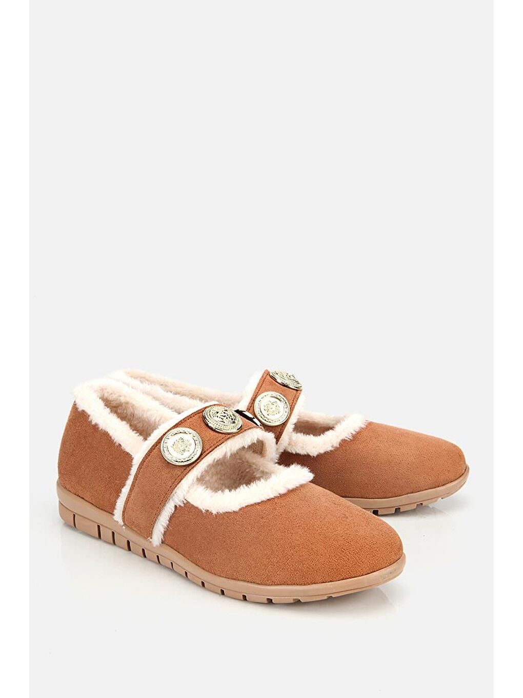 Kahverengi Kadın Taba Kürklü Tokalı Mary Jane Babet-1