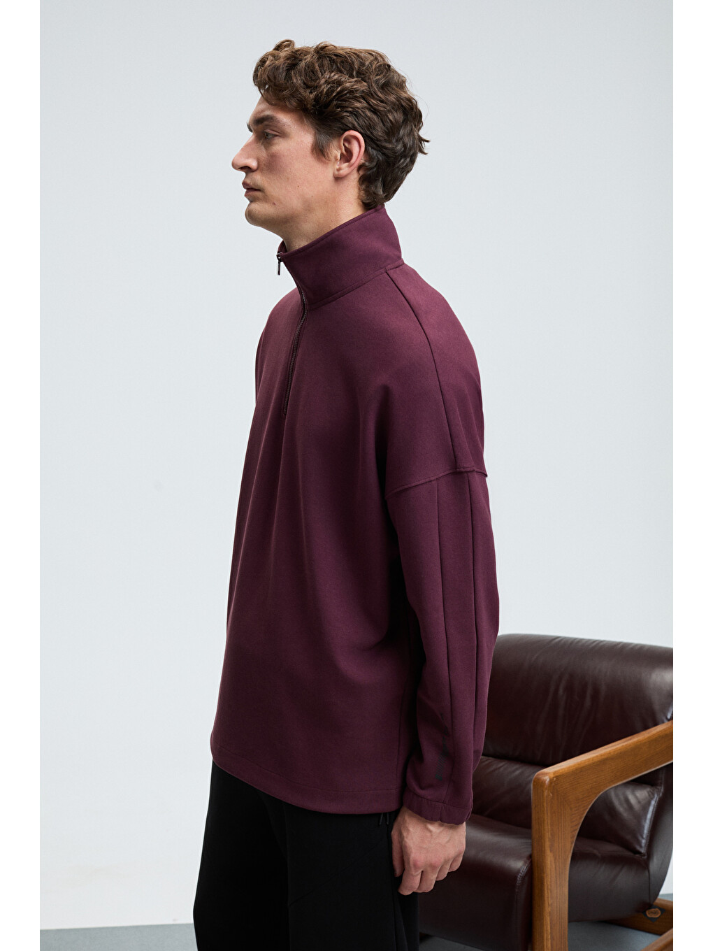 Edıson Erkek Yarım Fermuarlı Kolu Baskılı Dik Yaka Bordo Sweatshirt-3