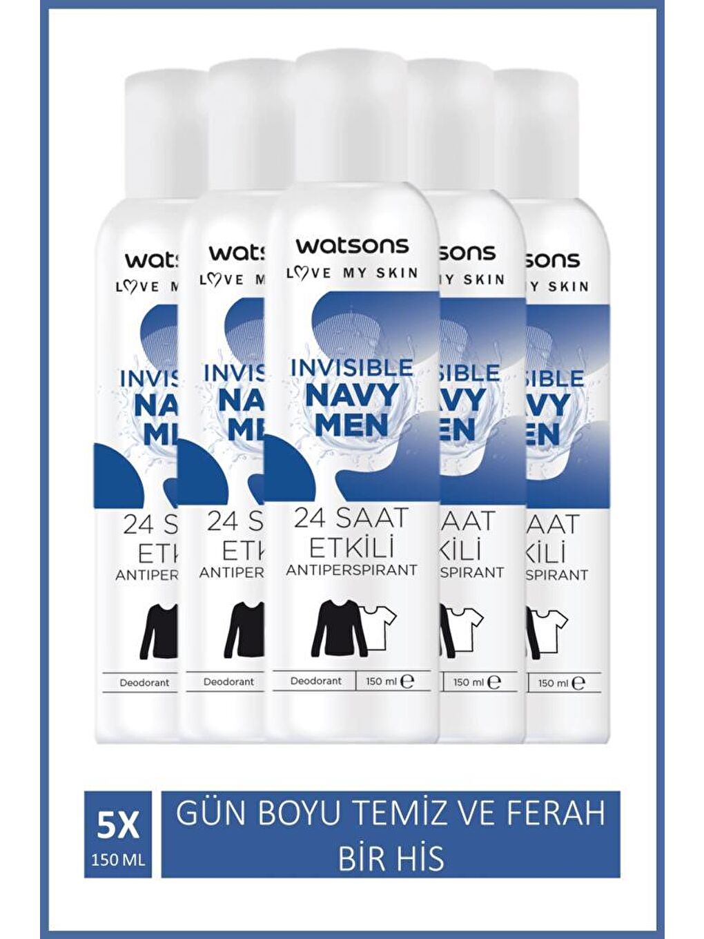 Watsons Invisible Navy Men Deodorant 150 ml X5 ADET