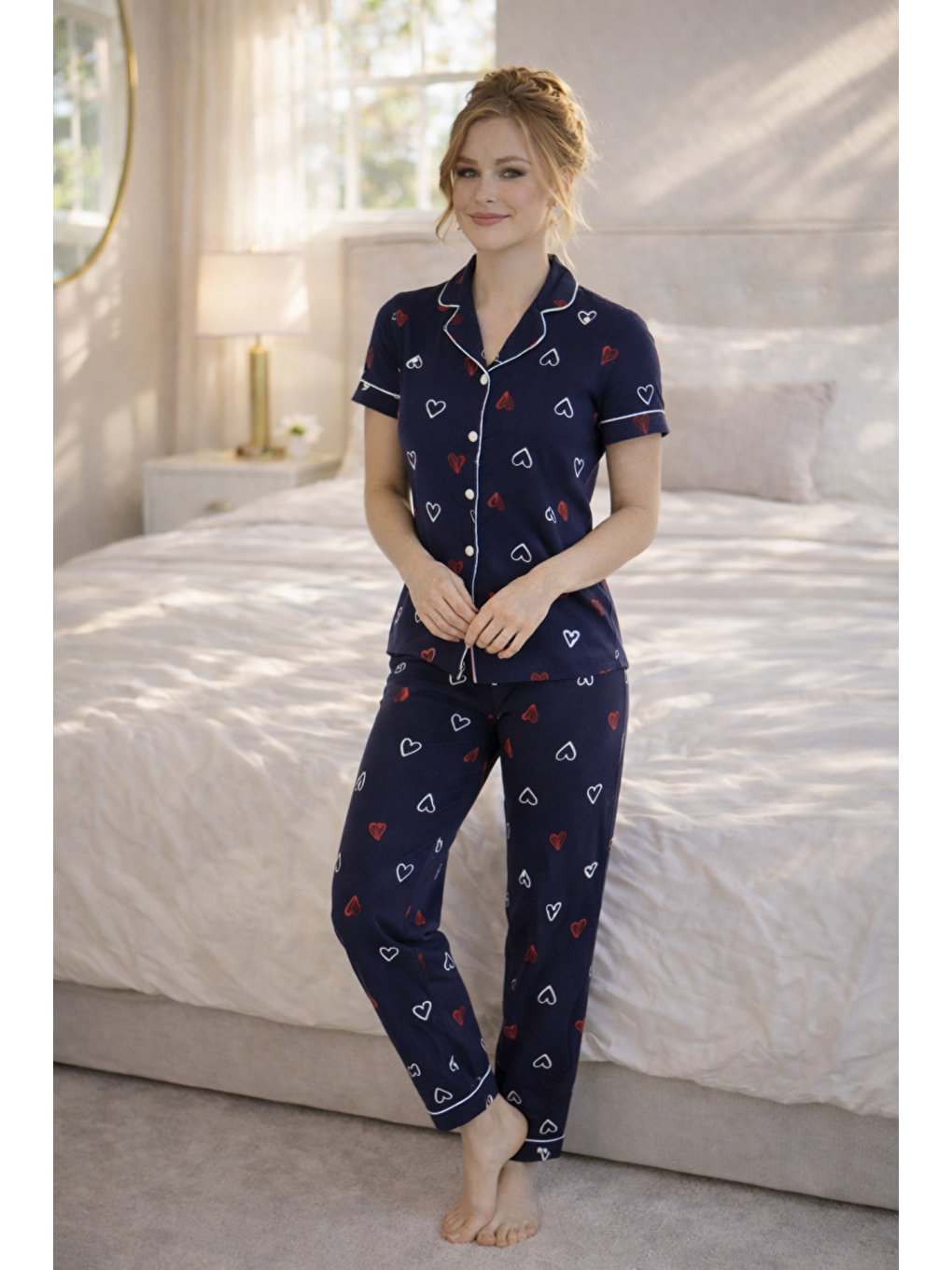 Lacivert PREMIUM Kadın %100 Doğal Pamuk Kalpli Gömlek Yaka Biyeli Düğmeli Yüksek Kaliteli Pijama Takımı-1