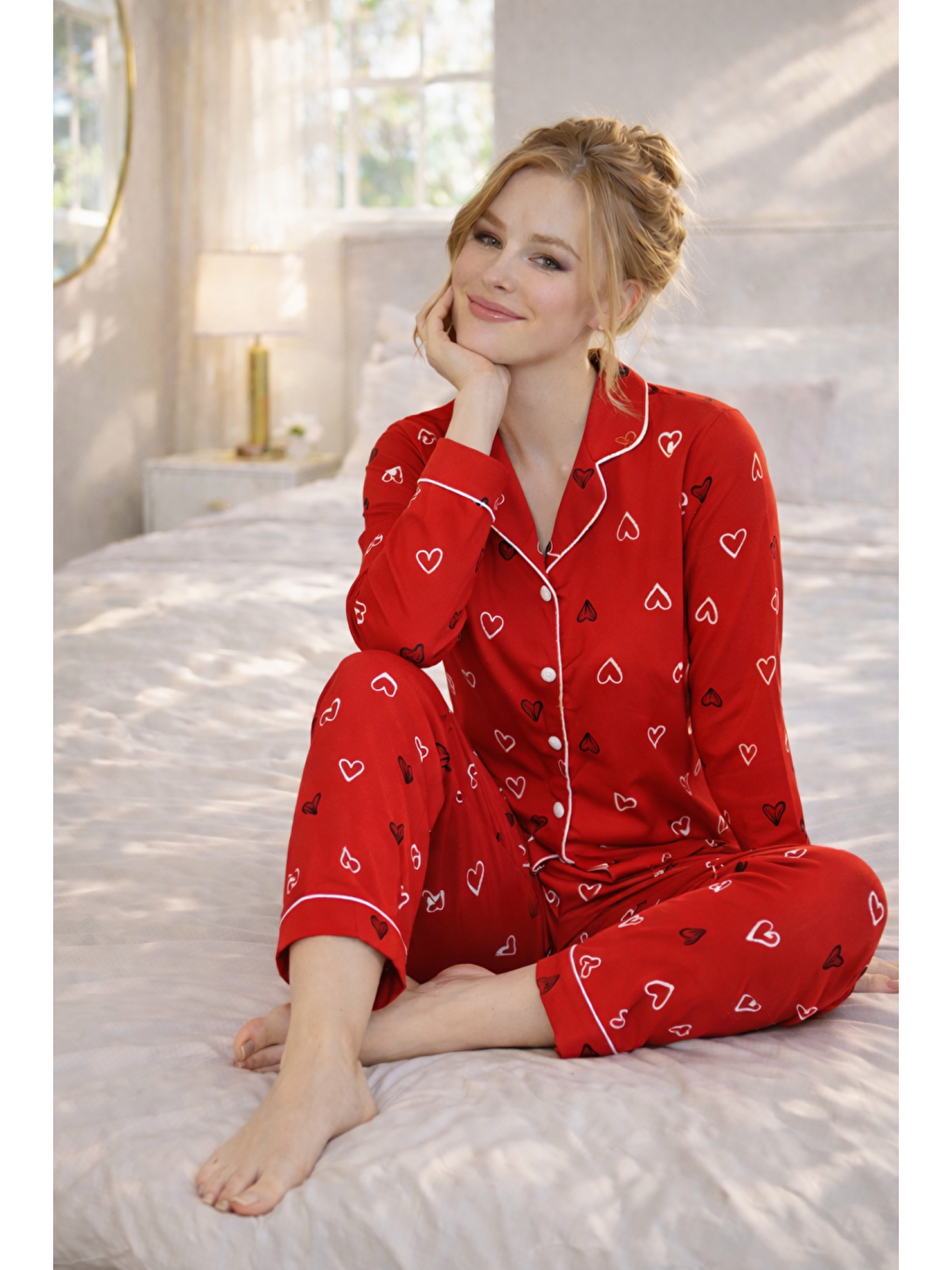 Kırmızı PREMIUM Kadın %100 Doğal Pamuk Kalpli Gömlek Yaka Biyeli Düğmeli Yüksek Kaliteli Pijama Takımı