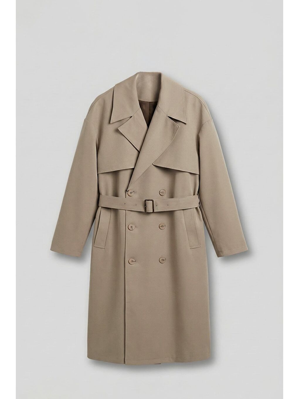 Erkek Oversize Kruvaze Kuşaklı Trençkot Bej
