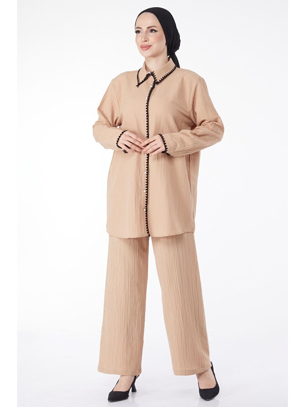 Bej Gömlek Yaka Kadın Vizon Tunik Pantolon İkili Takım - 25098