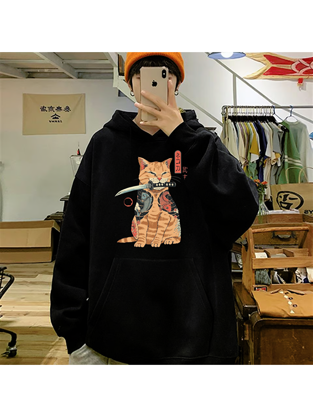 Touz Moda Siyah Anime Ninja Cat Oversize Hoodie - 1