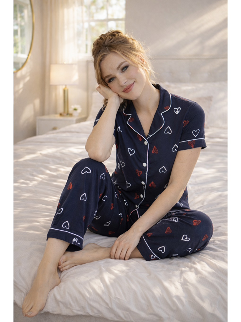 Lacivert PREMIUM Kadın %100 Doğal Pamuk Kalpli Gömlek Yaka Biyeli Düğmeli Yüksek Kaliteli Pijama Takımı-3