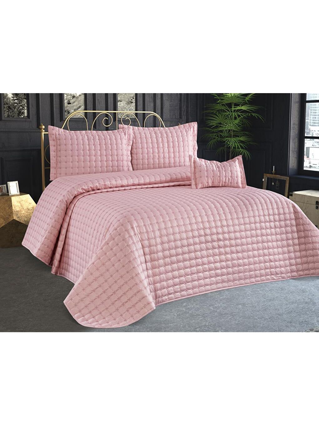 Pembe Yıldız Çift Kişilik Kapitoneli Yatak Örtüsü Pudra