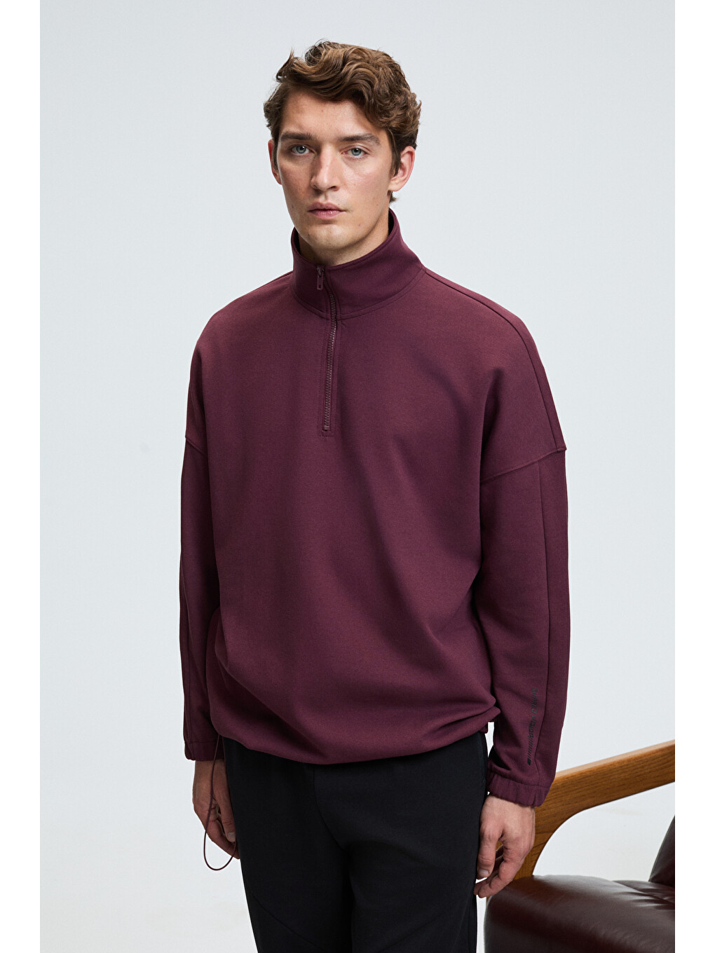 Edıson Erkek Yarım Fermuarlı Kolu Baskılı Dik Yaka Bordo Sweatshirt-4