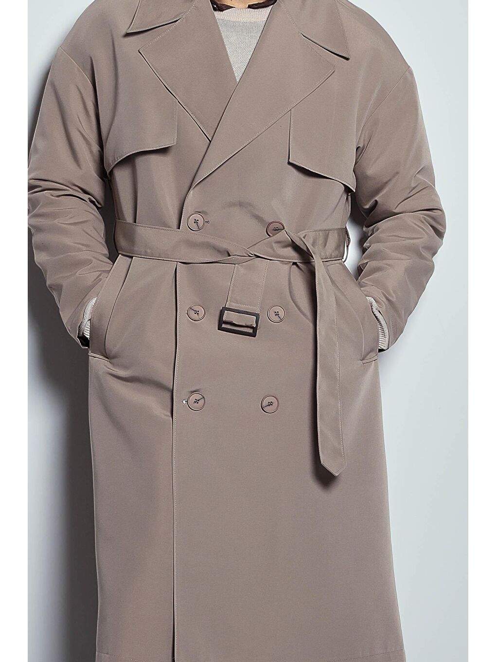 Erkek Oversize Kruvaze Kuşaklı Trençkot Bej-2