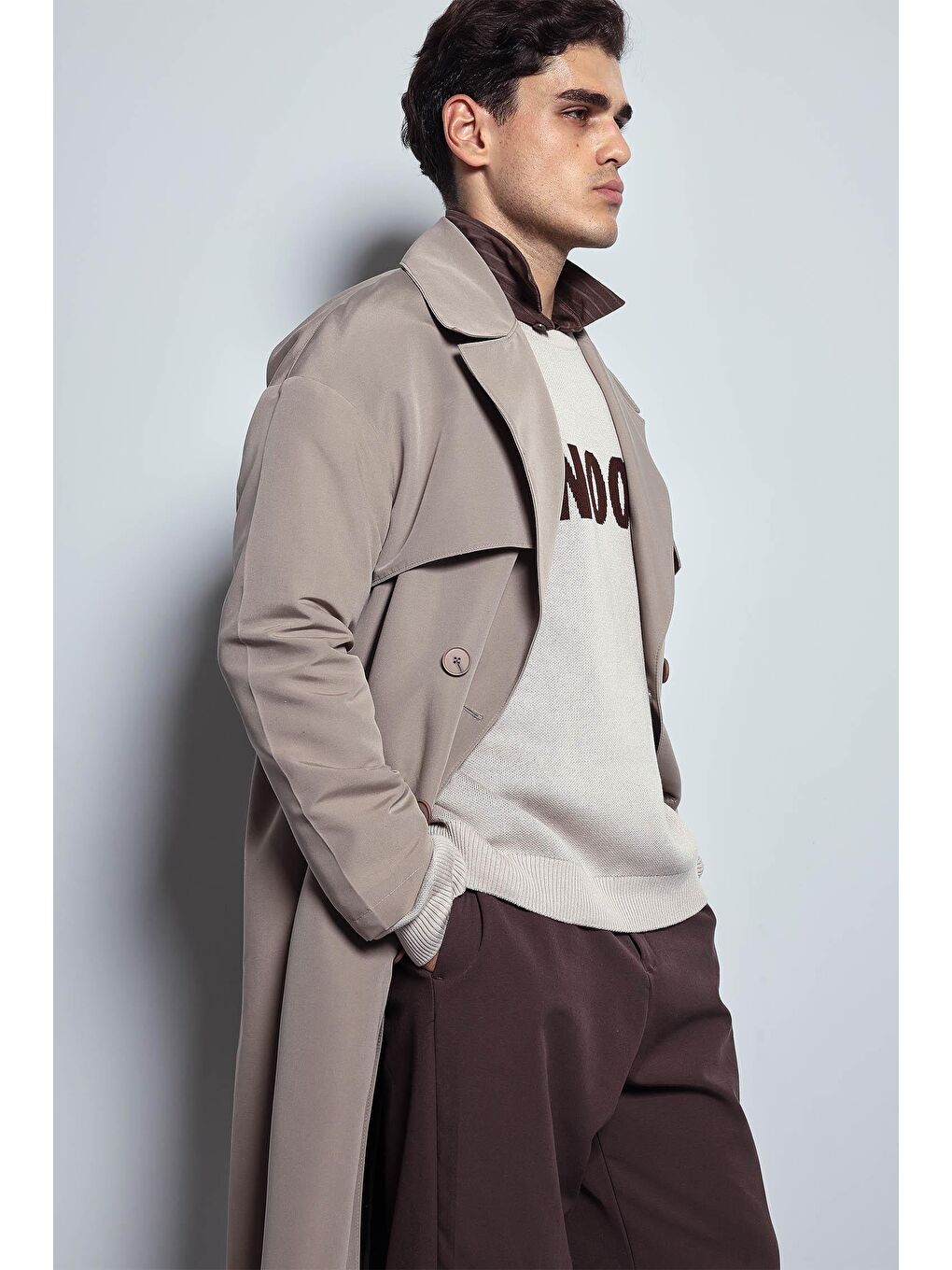 Erkek Oversize Kruvaze Kuşaklı Trençkot Bej-3