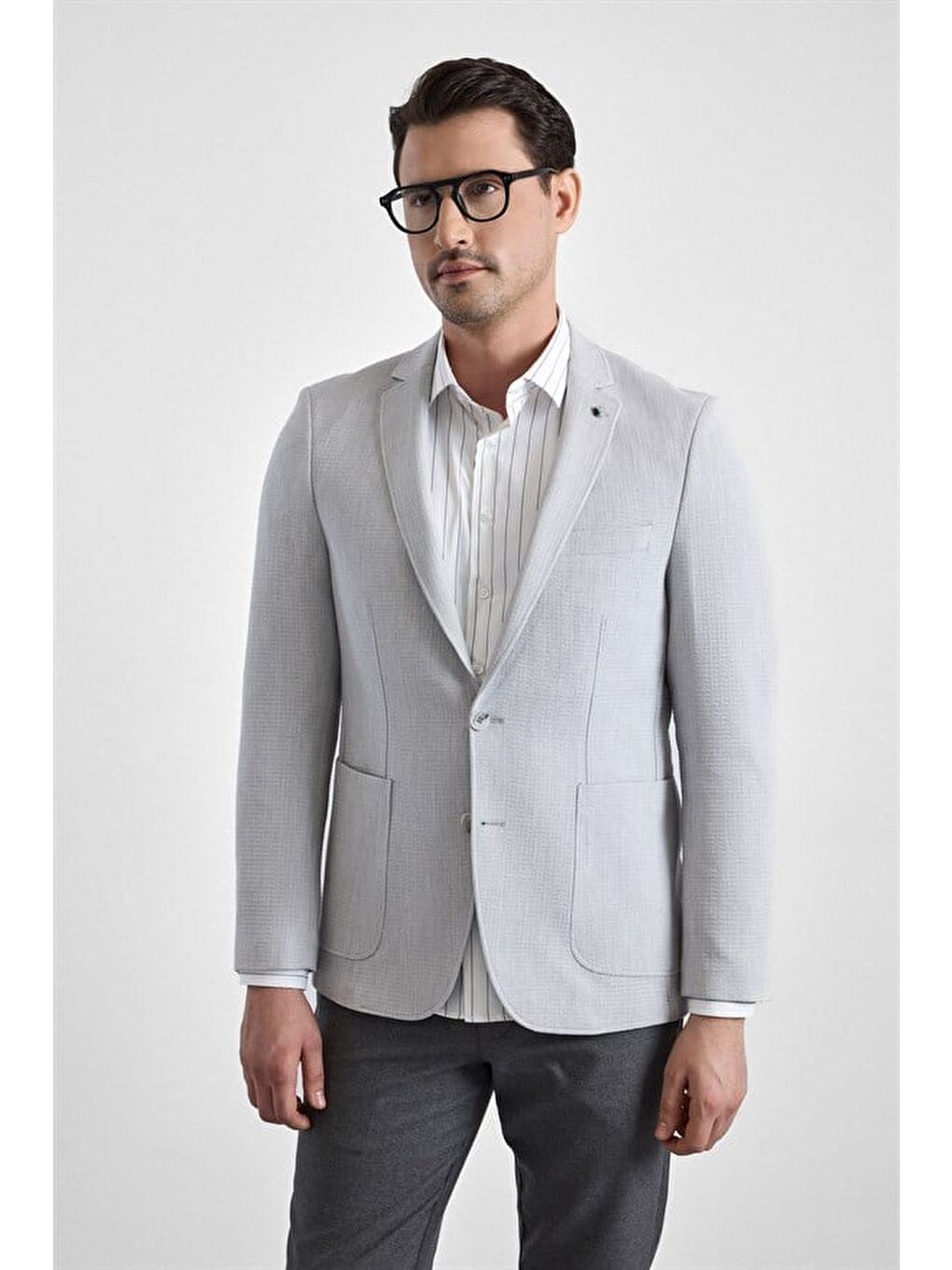 Bej Gri Slim Mono Yaka Torba Cep 6 Drop Klasik Ceket