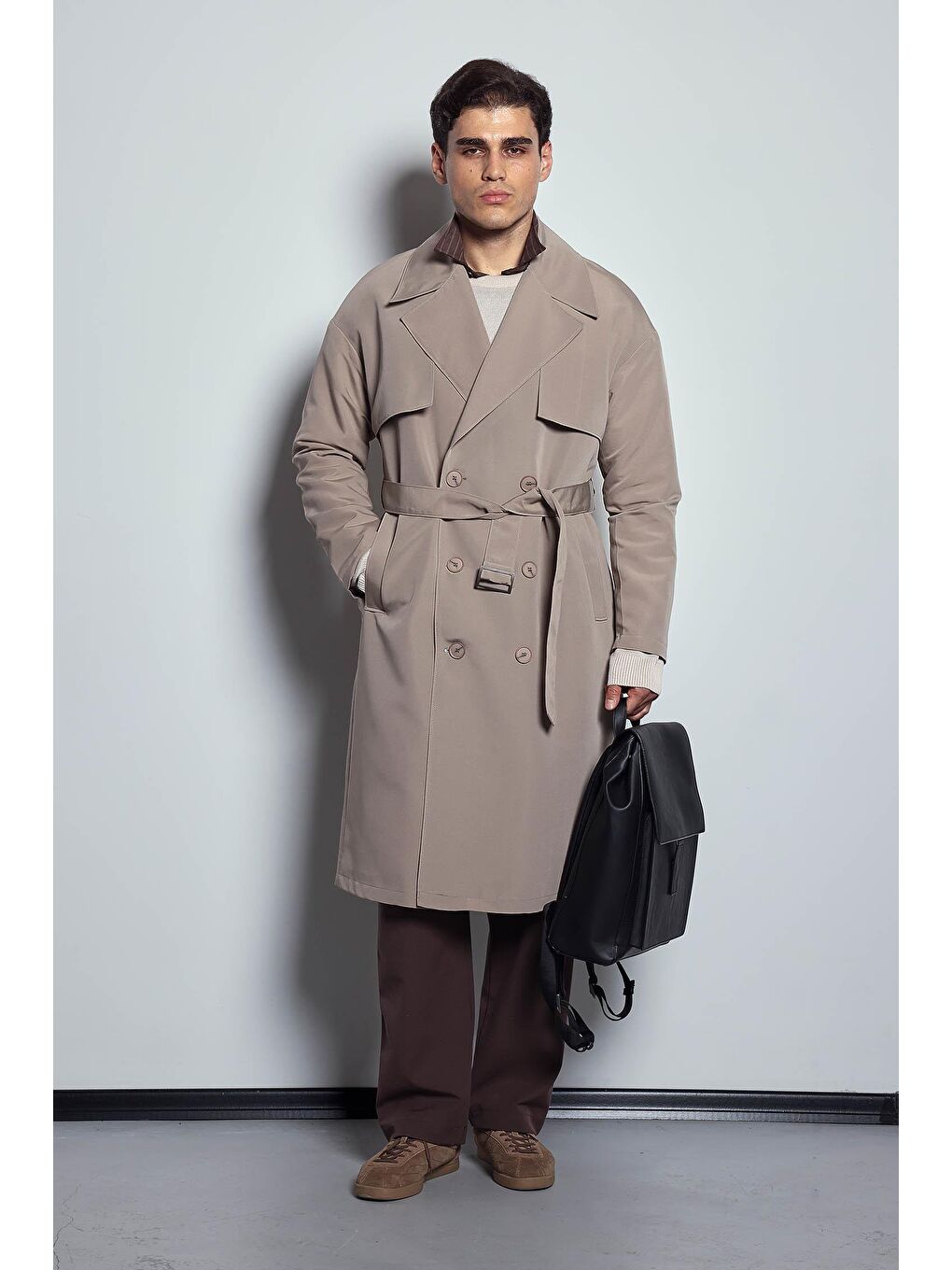 Erkek Oversize Kruvaze Kuşaklı Trençkot Bej-4
