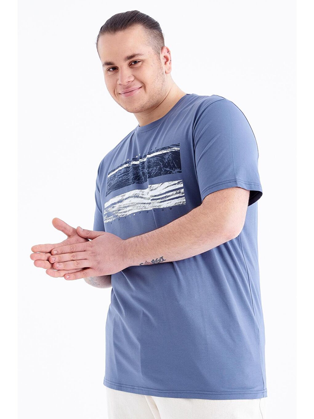 Petrol Baskılı O Yaka Büyük Beden Erkek Tişört - 88073