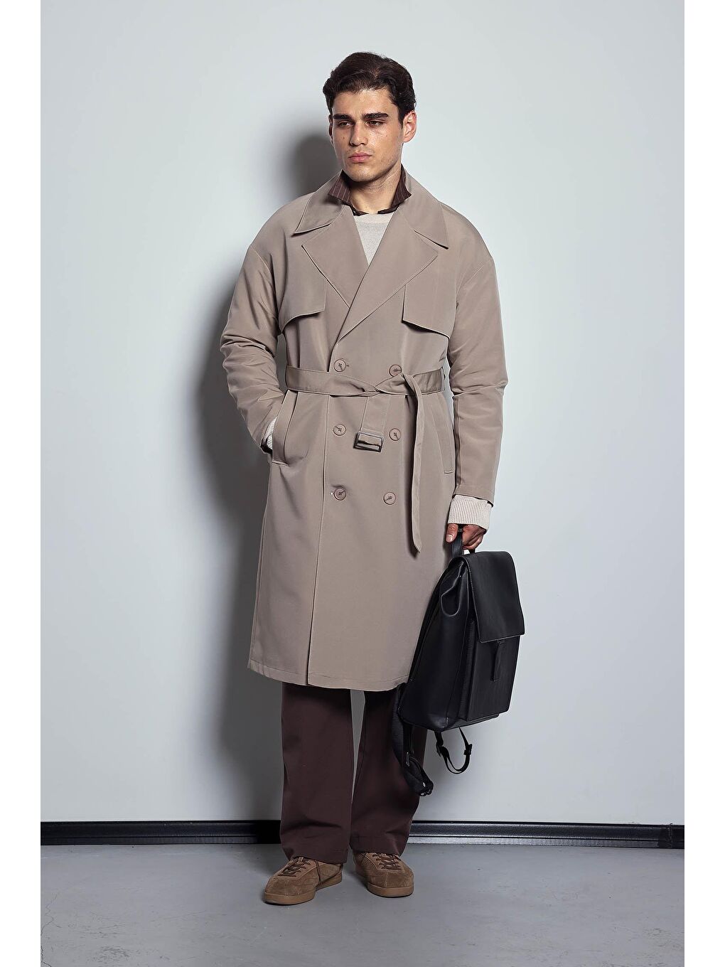 Erkek Oversize Kruvaze Kuşaklı Trençkot Bej-5