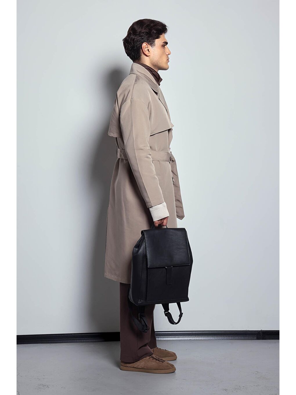 Erkek Oversize Kruvaze Kuşaklı Trençkot Bej-6
