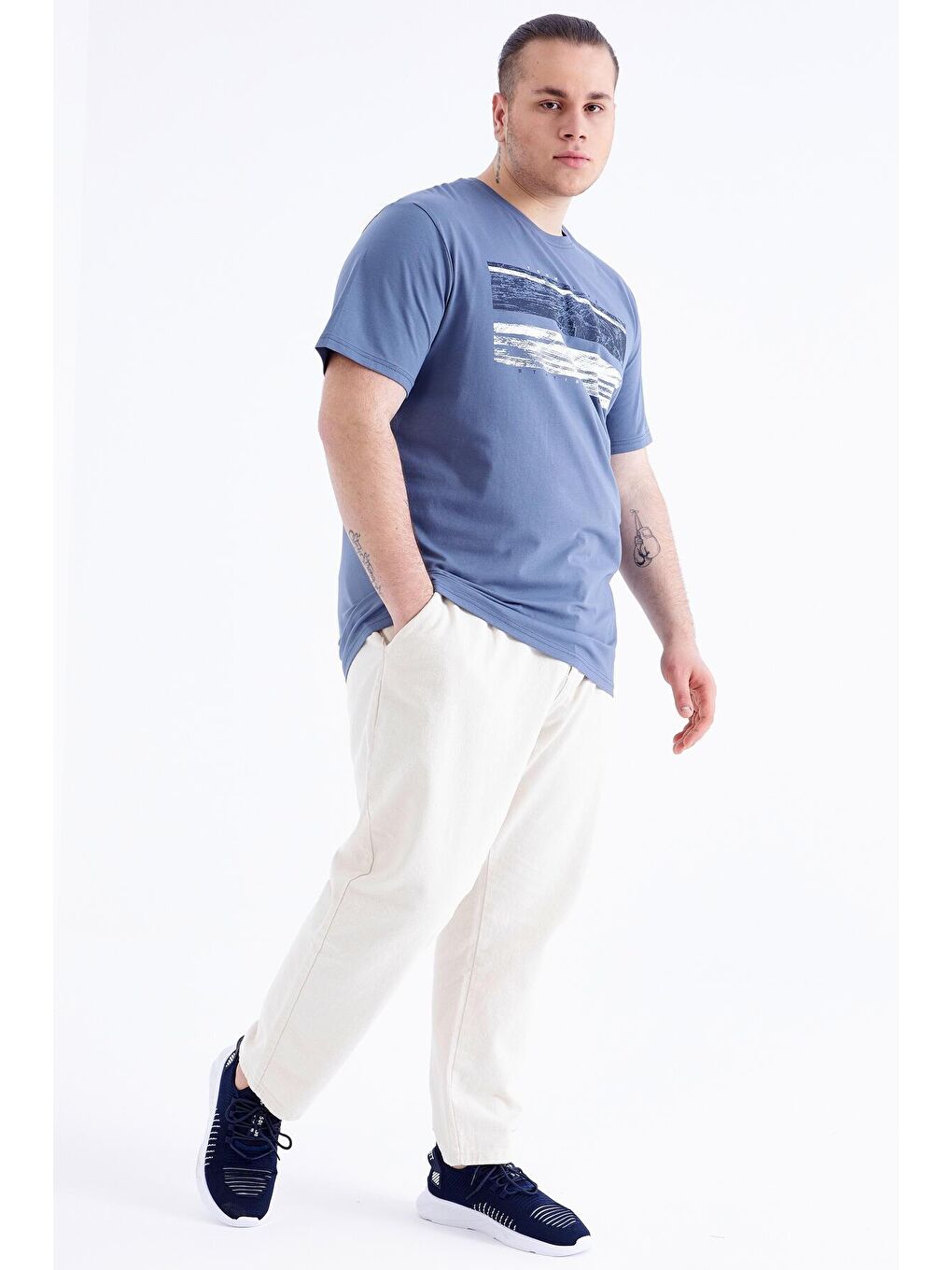 Petrol Baskılı O Yaka Büyük Beden Erkek Tişört - 88073-1