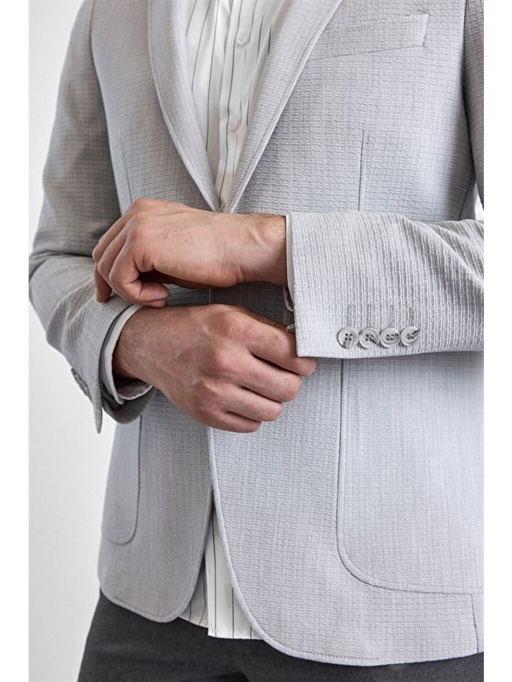 Bej Gri Slim Mono Yaka Torba Cep 6 Drop Klasik Ceket-3