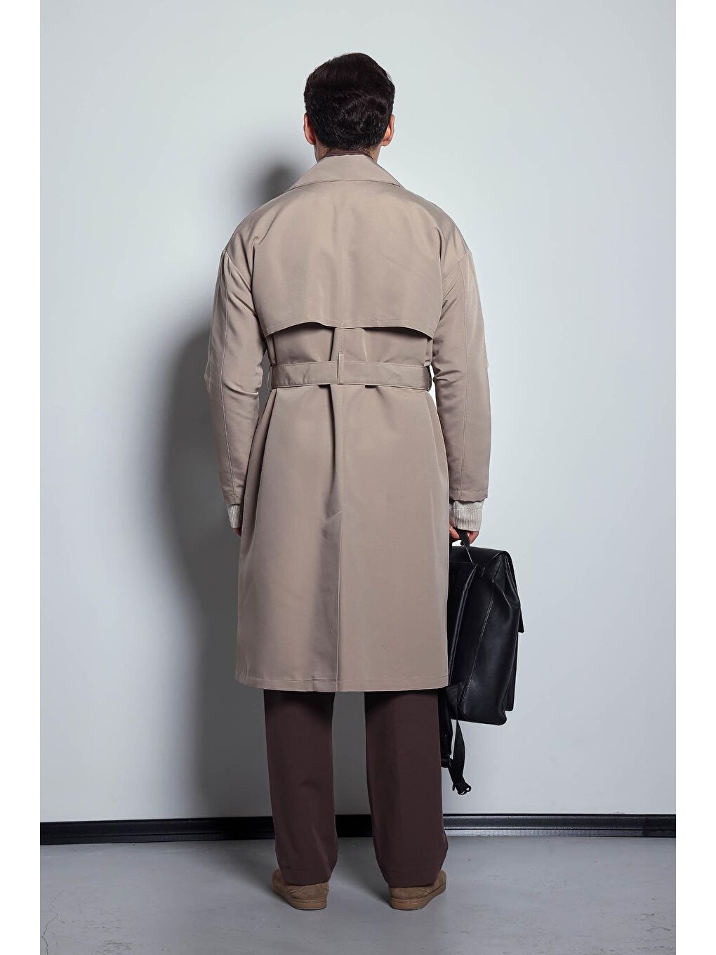 Erkek Oversize Kruvaze Kuşaklı Trençkot Bej-8