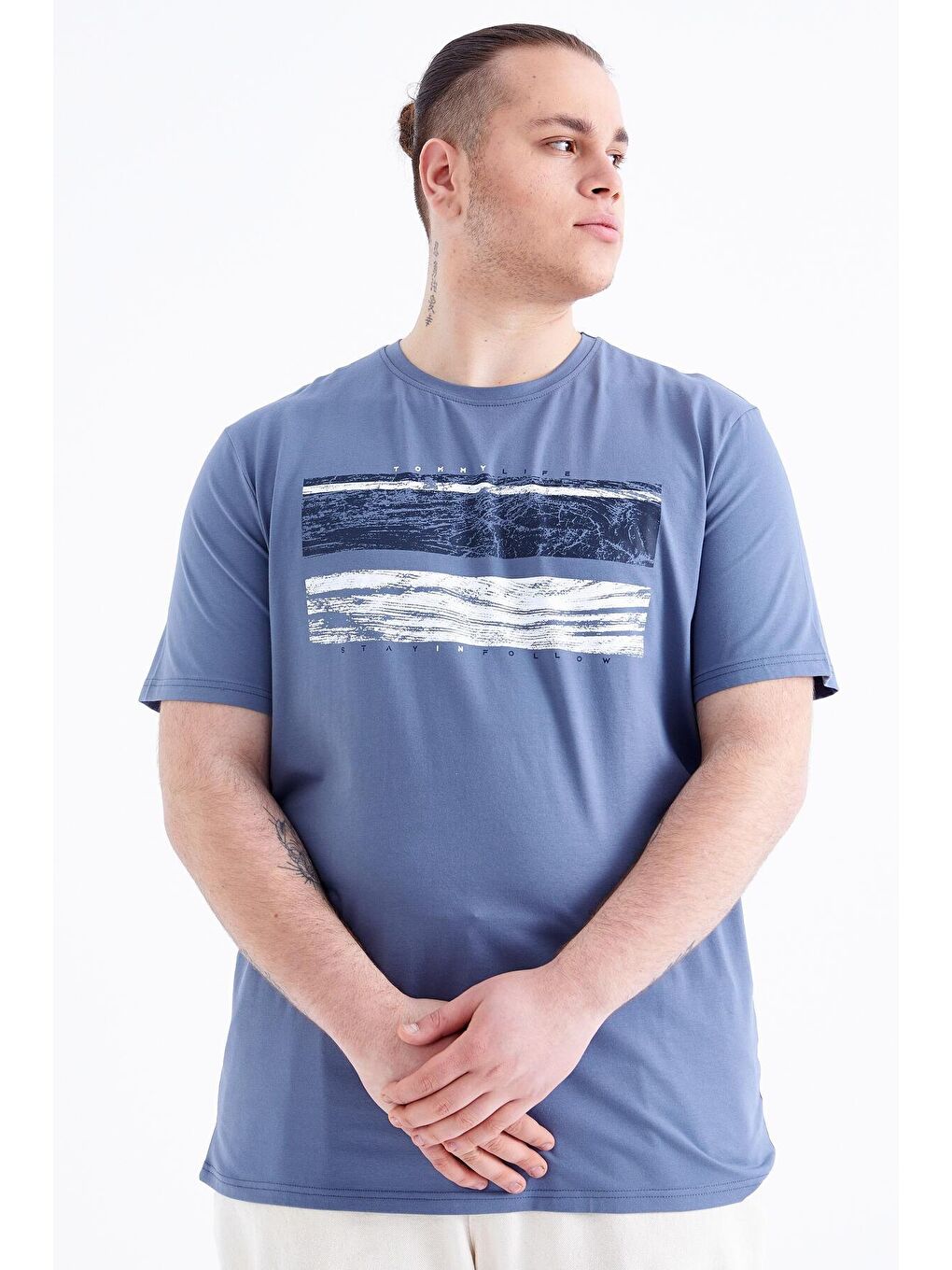 Petrol Baskılı O Yaka Büyük Beden Erkek Tişört - 88073-2