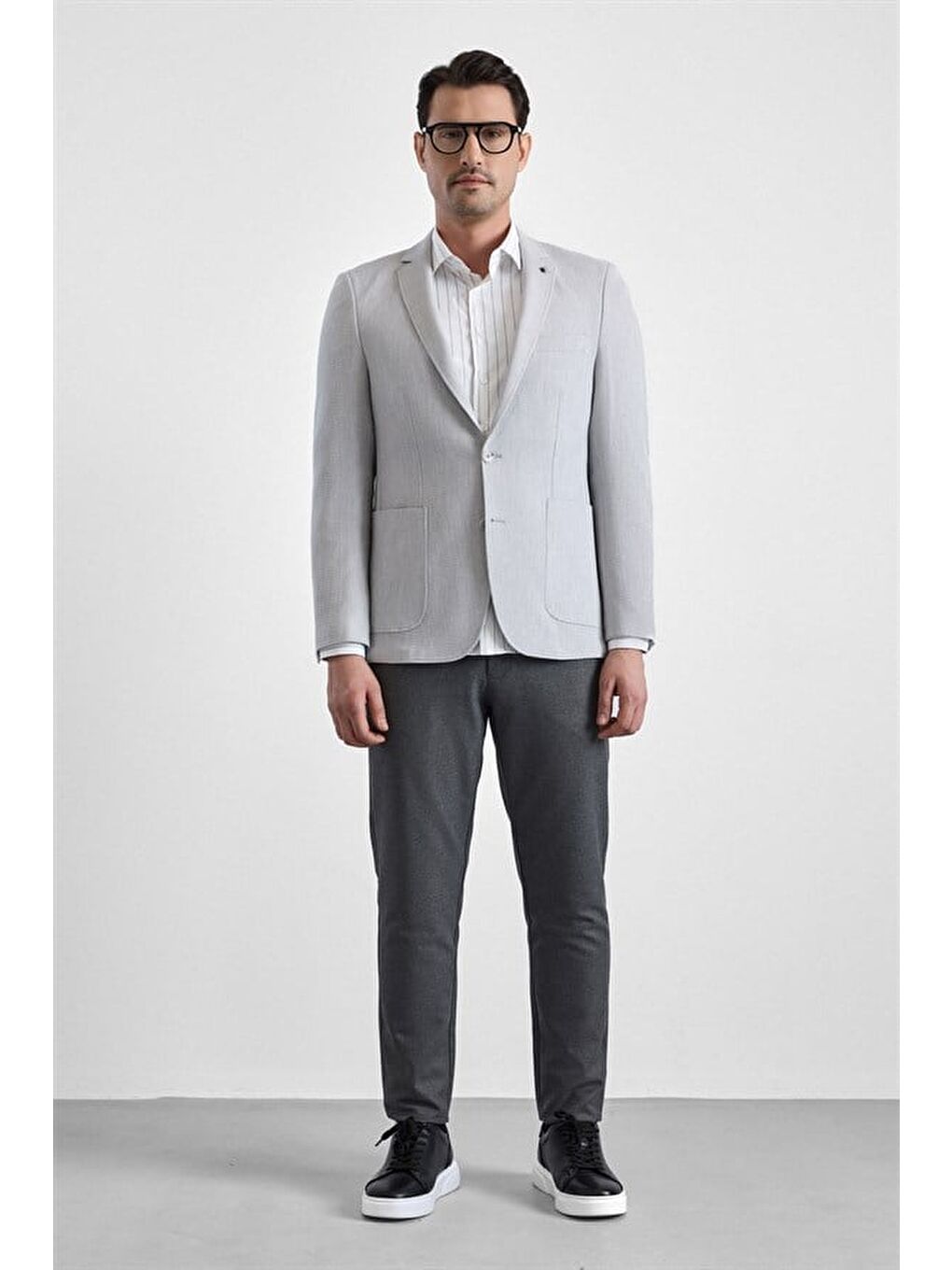 Bej Gri Slim Mono Yaka Torba Cep 6 Drop Klasik Ceket-6