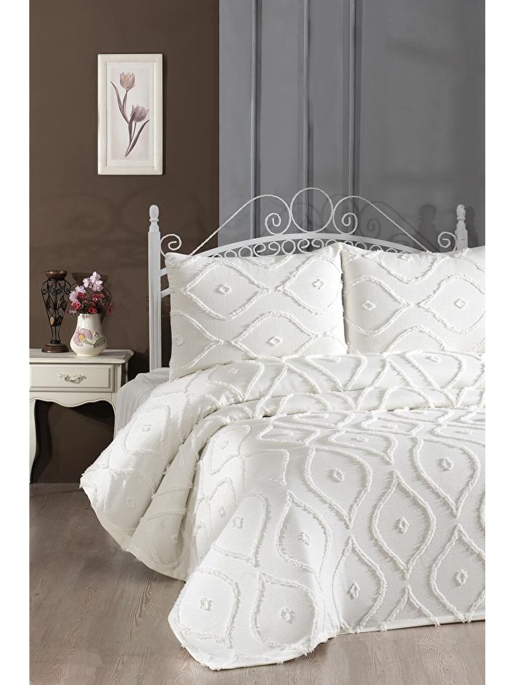 Ekru Pirot 3 Parça Çift Kişilik Pike Takımı Krem