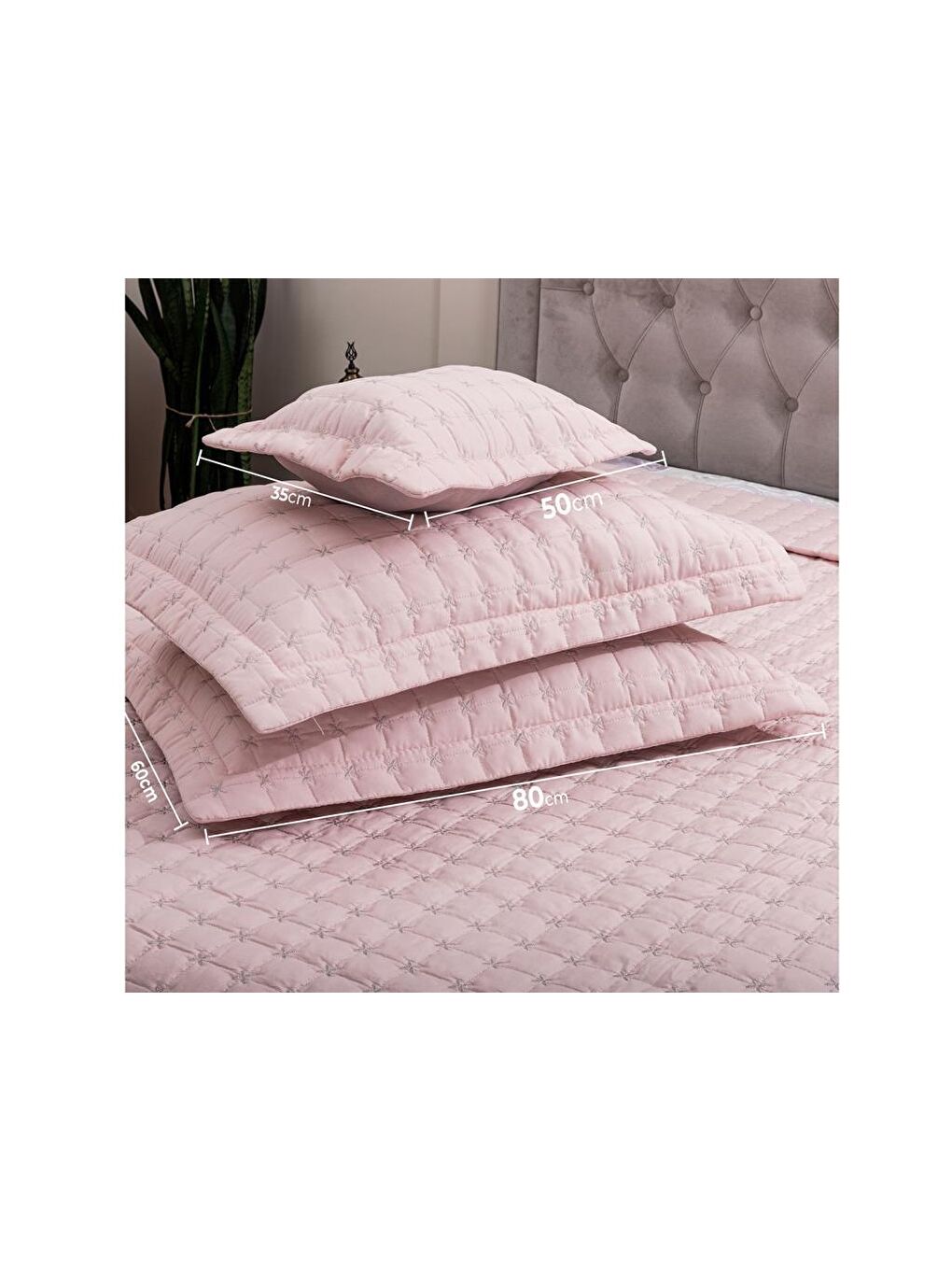 Pembe Yıldız Çift Kişilik Kapitoneli Yatak Örtüsü Pudra-5