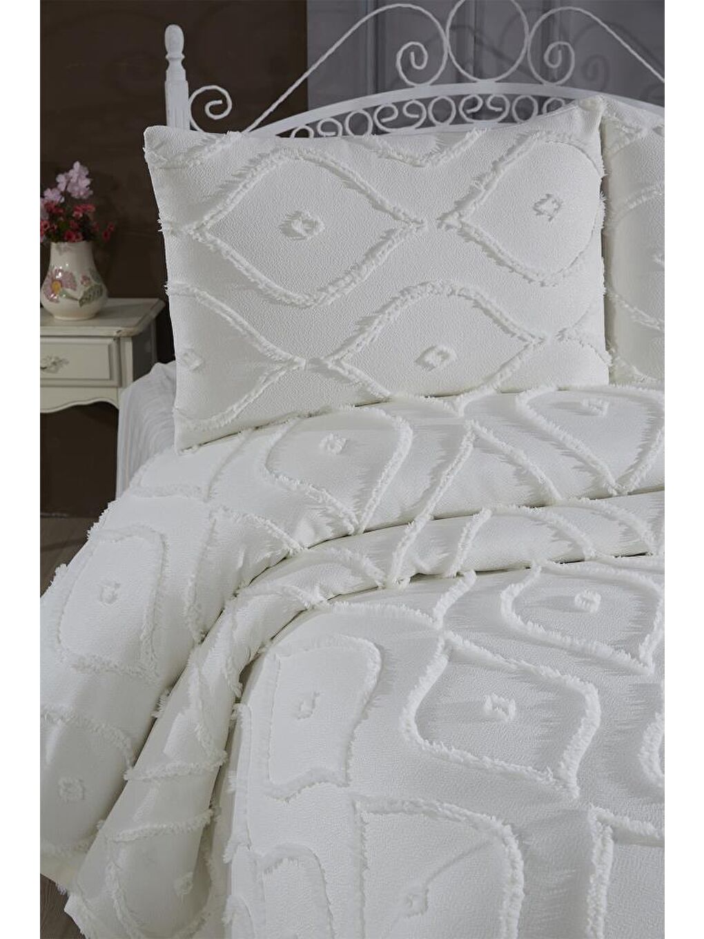 Ekru Pirot 3 Parça Çift Kişilik Pike Takımı Krem-2