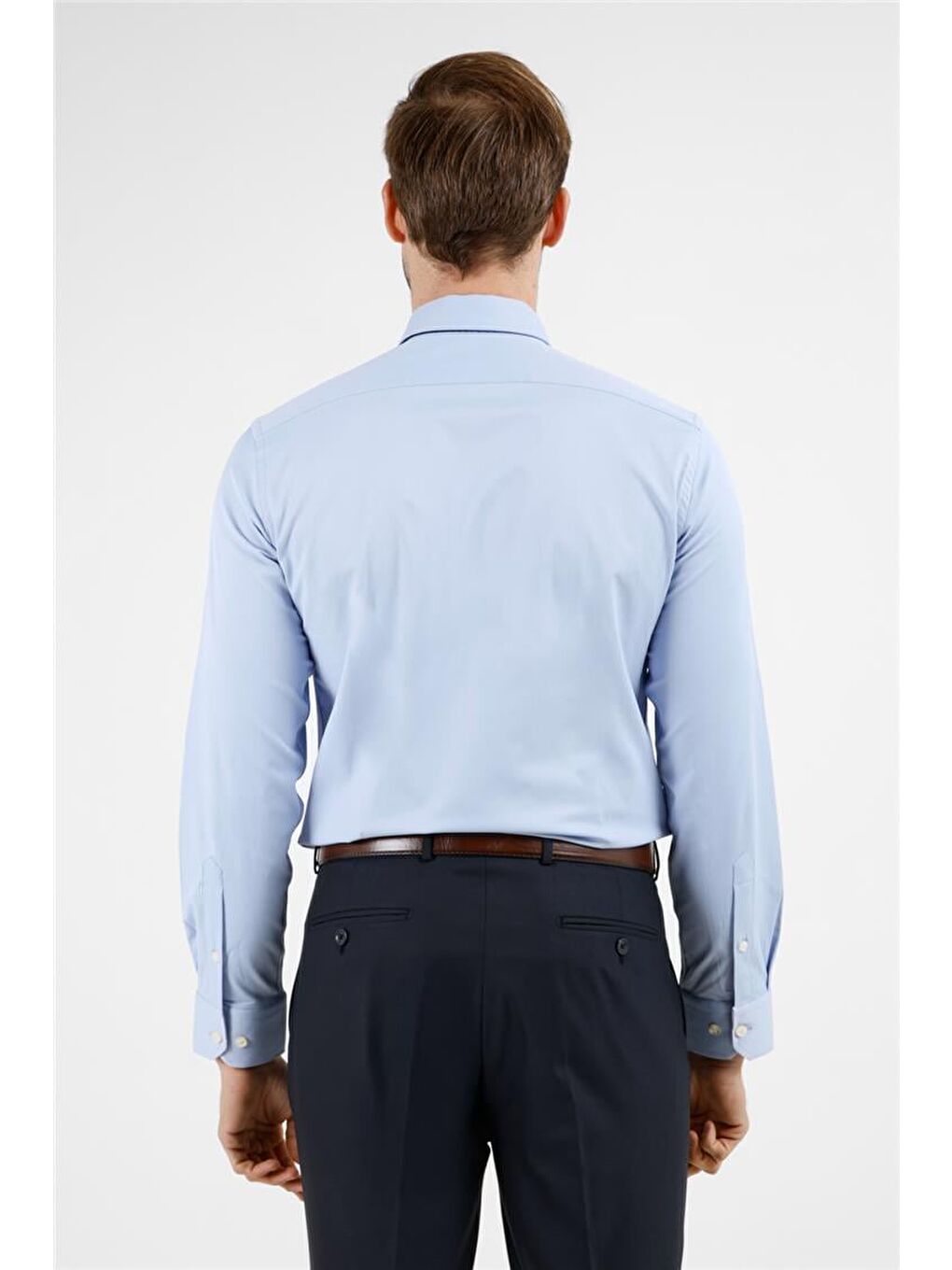 Koyu Mavi Sert Yaka Uzun Kol Cepsiz Slim Fit Pamuklu Gömlek 1004255228-4