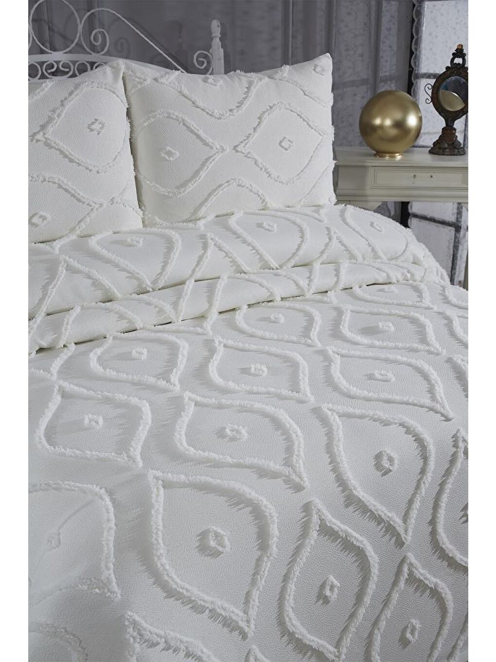 Ekru Pirot 3 Parça Çift Kişilik Pike Takımı Krem-3