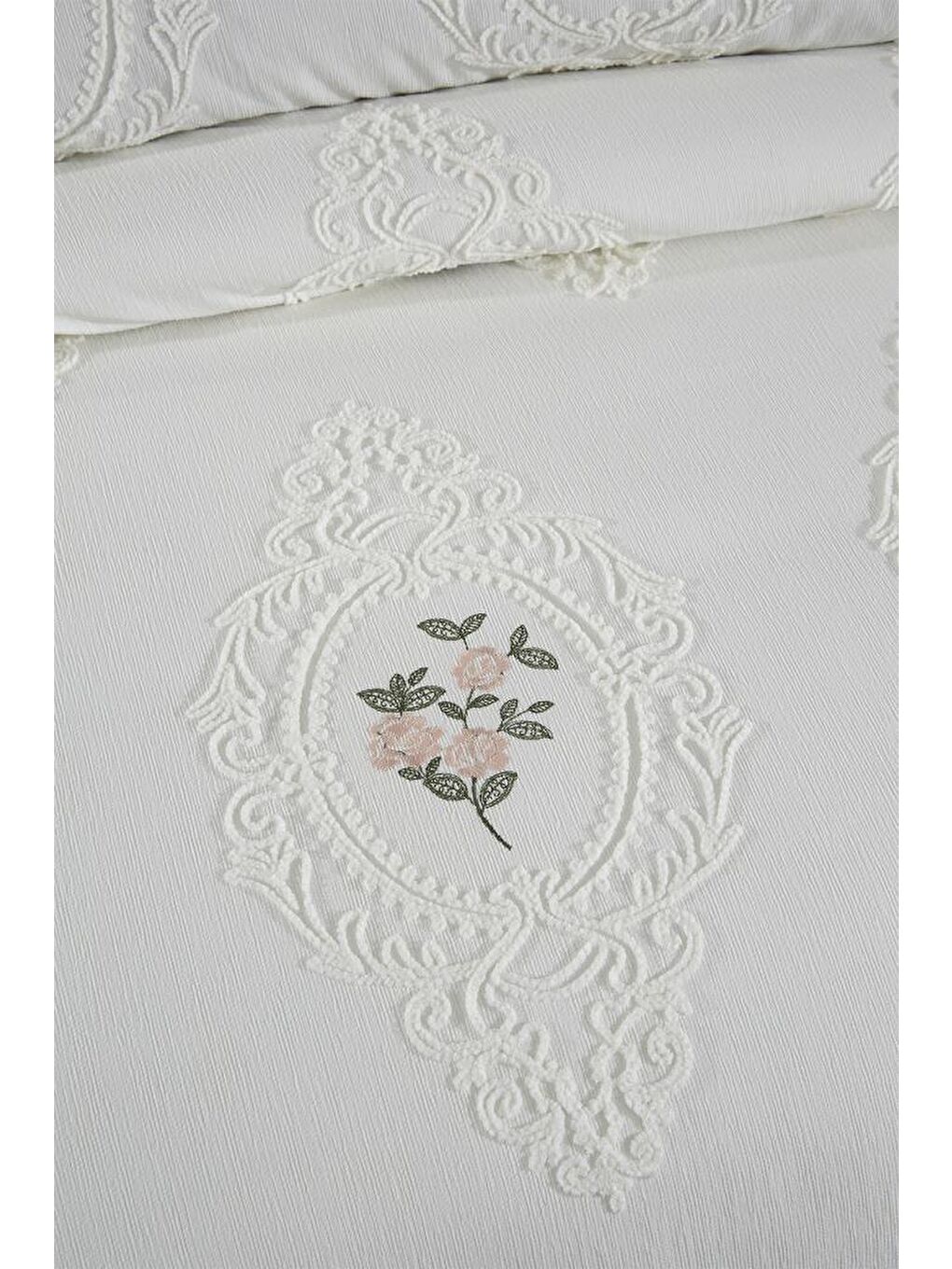 Ekru Gardenlove Nakışlı Şönil 3 Parça Çift Kişilik Yatak Örtüsü Krem-2