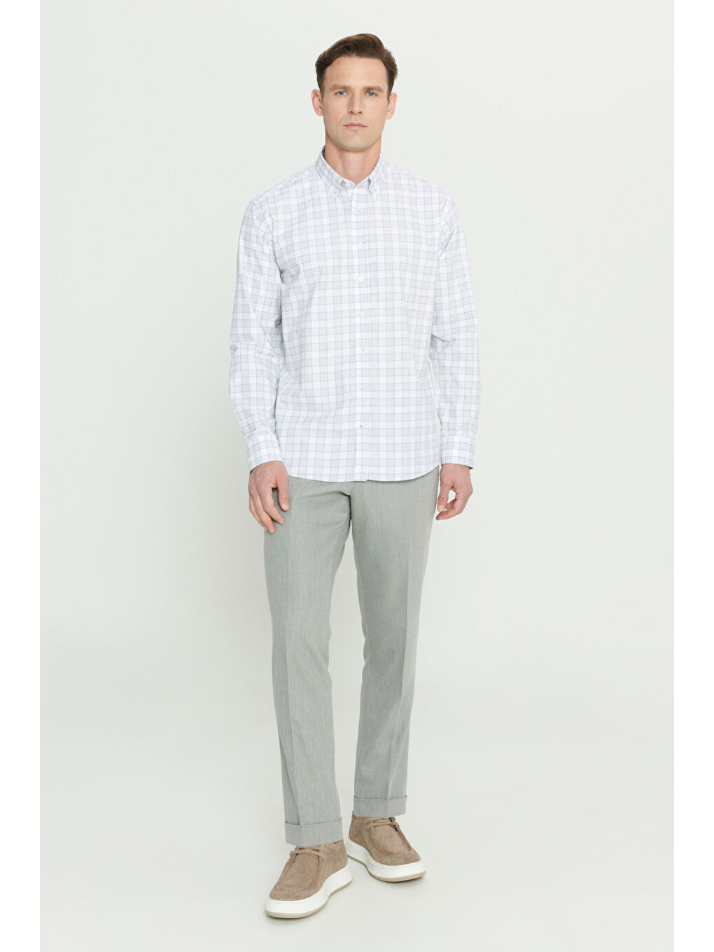 Erkek Beyaz-Haki Slim Fit Dar Kesim Klasik Yaka Pamuklu Armürlü Gömlek-1