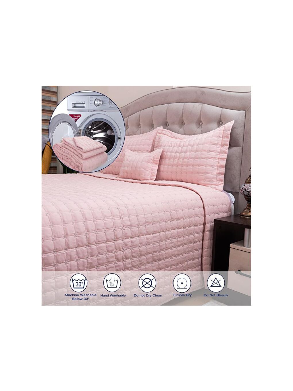 Pembe Yıldız Çift Kişilik Kapitoneli Yatak Örtüsü Pudra-7