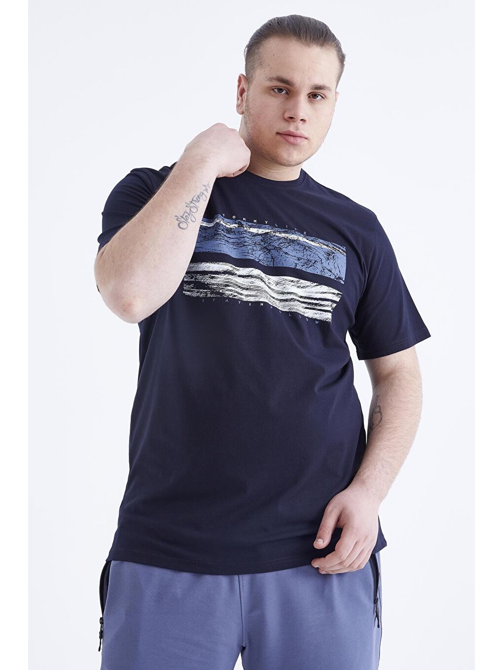 TOMMYLIFE Lacivert Baskılı O Yaka Büyük Beden Erkek T-shirt - 88073