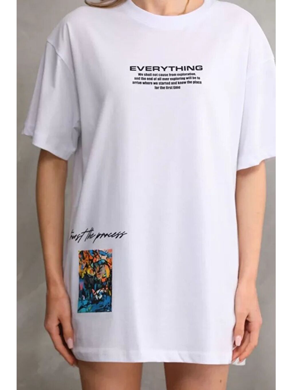 Unisex Bisiklet Yaka Baskılı Oversize T-Shirt - Beyaz-1