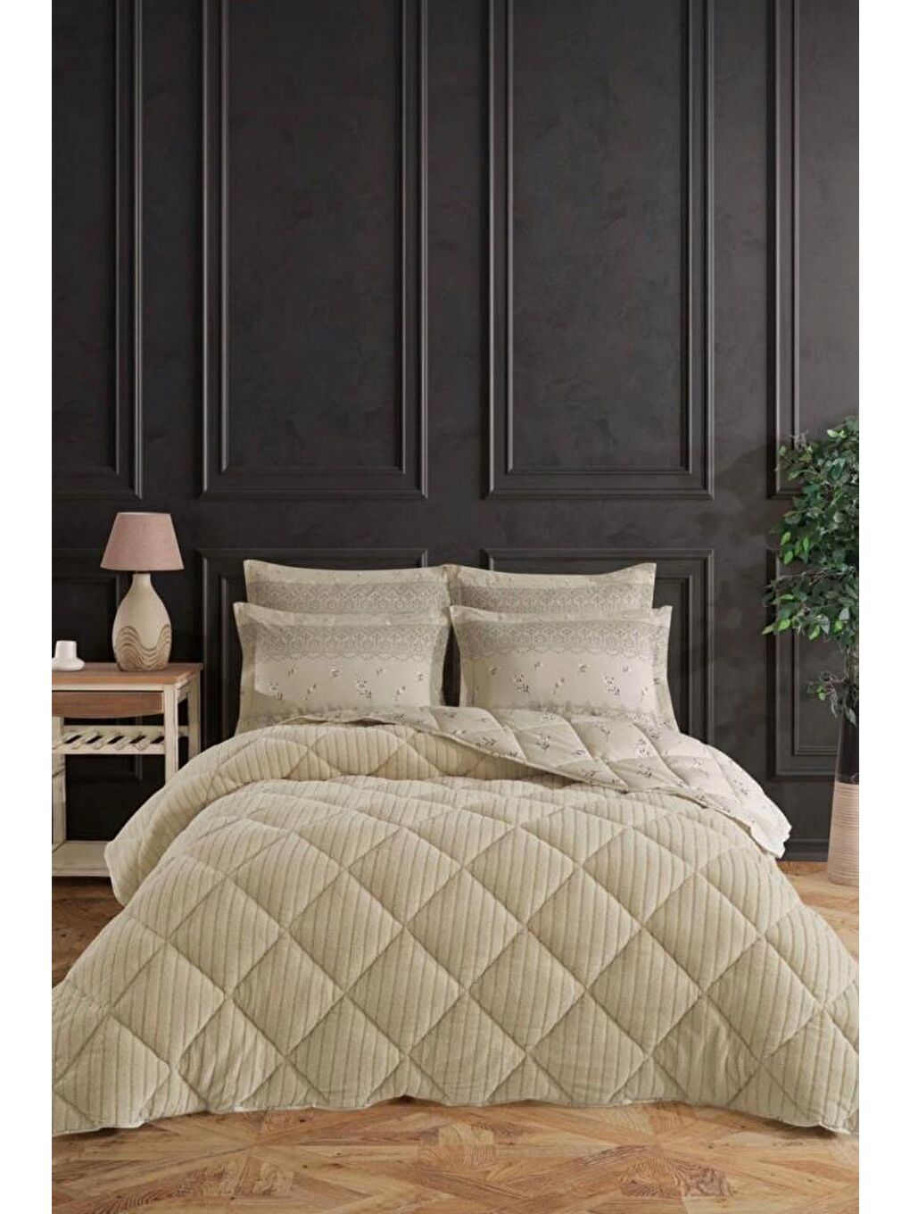 Wellsoft Jakarlı Uyku Seti 4 Parça Çift Kişilik Bej