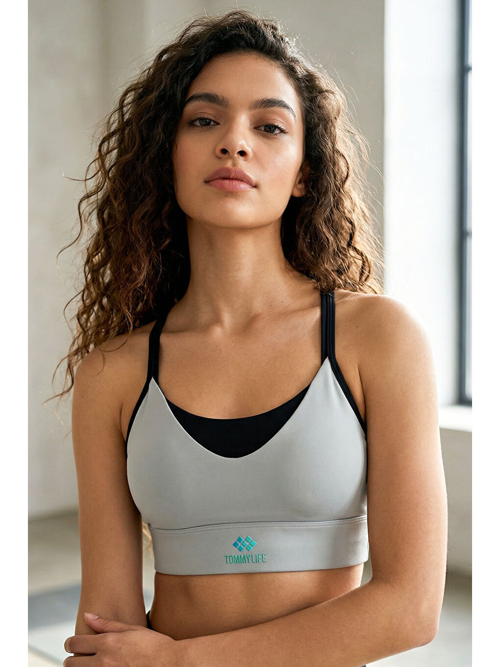 Bej Taş Standart Fit Baskılı Sırt Detaylı Kadın Spor Büstiyer - 97300-1