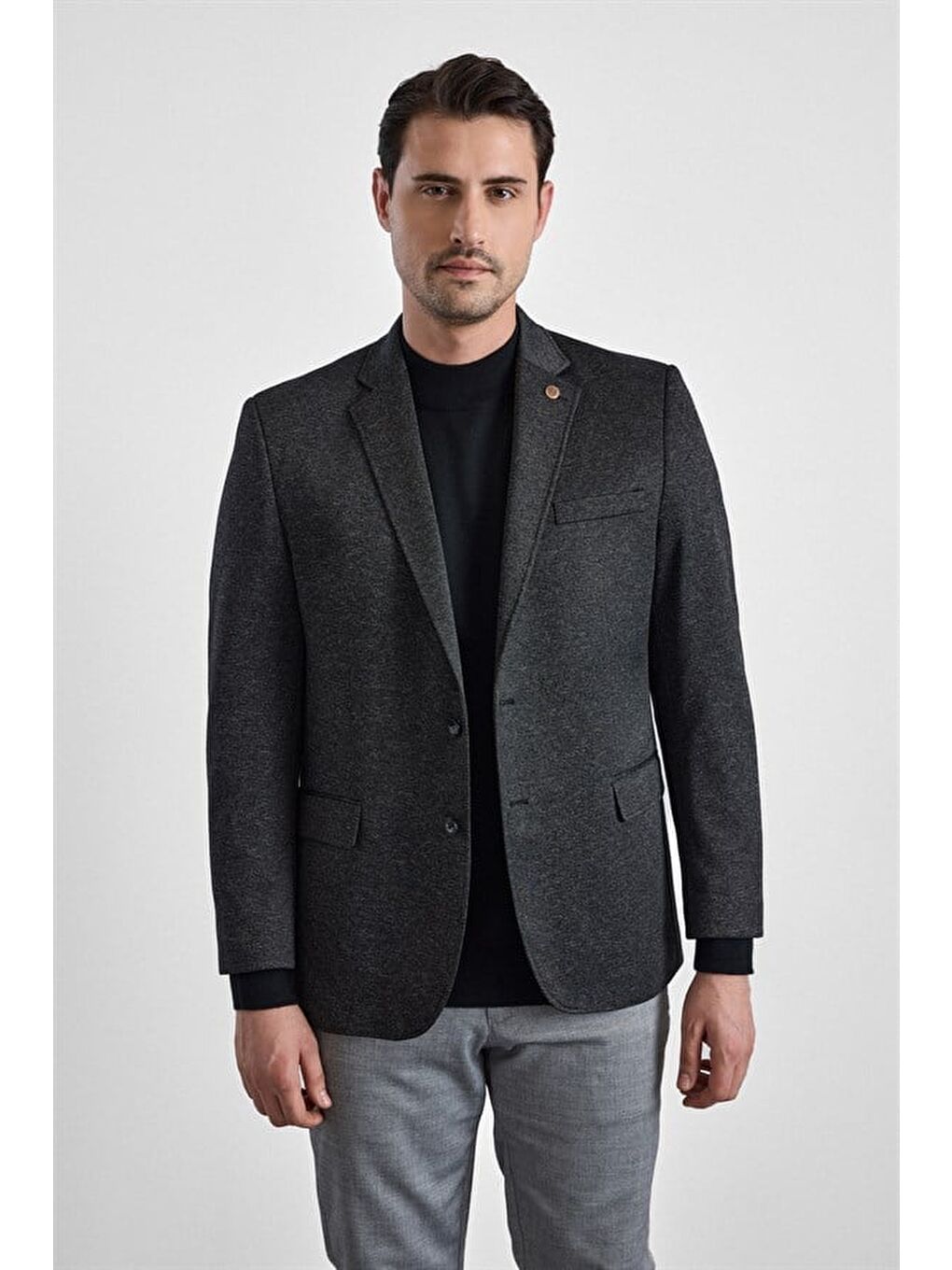 Siyah Regular Mono Yaka Torba Cep 4 Drop Klasik Ceket