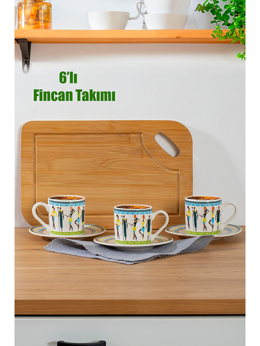 Porsima Beyaz TE-214 Bastet Fincan Takımı - Desenli Porselen Türk Kahvesi Fincan Takımı - 6 Kişilik 90 cc