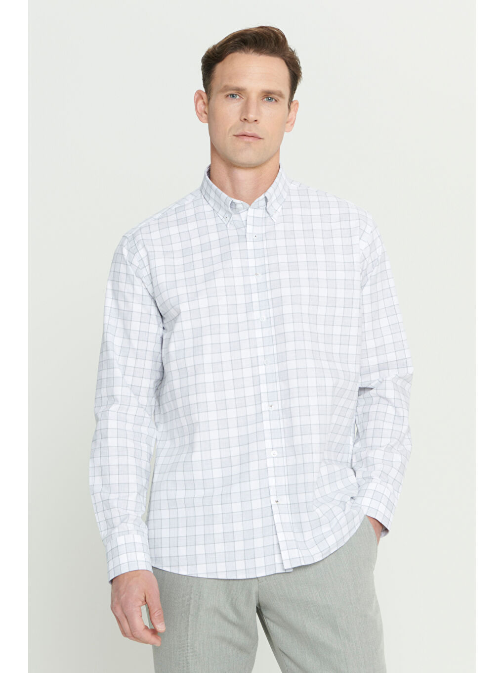 Erkek Beyaz-Haki Slim Fit Dar Kesim Klasik Yaka Pamuklu Armürlü Gömlek-2