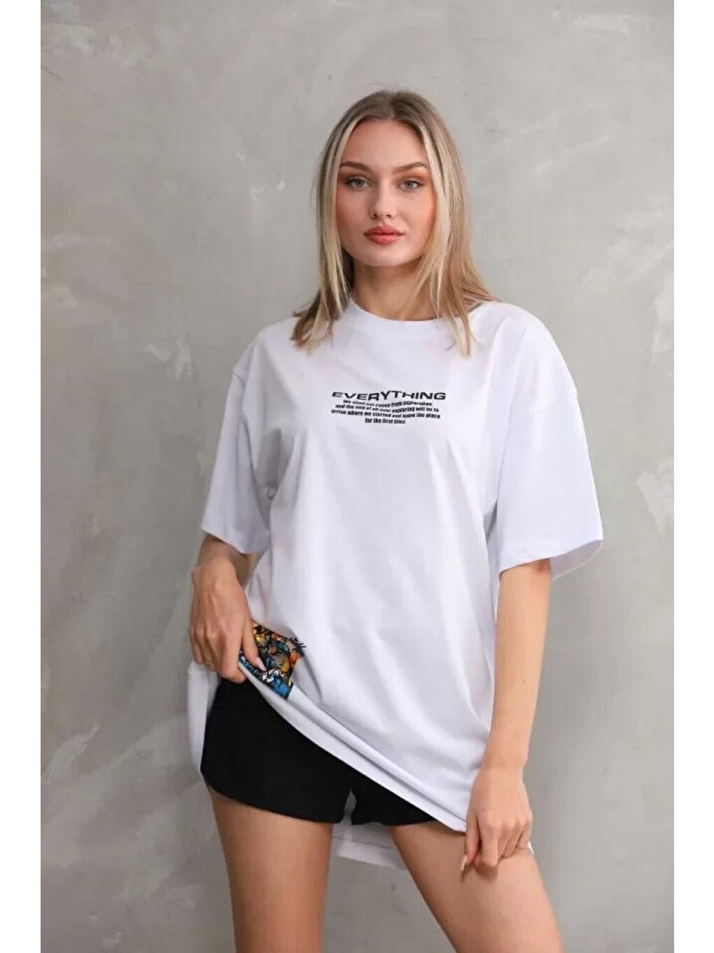 Unisex Bisiklet Yaka Baskılı Oversize T-Shirt - Beyaz-3