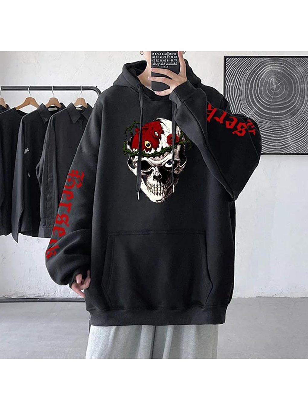 Touz Moda Siyah Anime Bersek Baskılı Oversize Hoodie