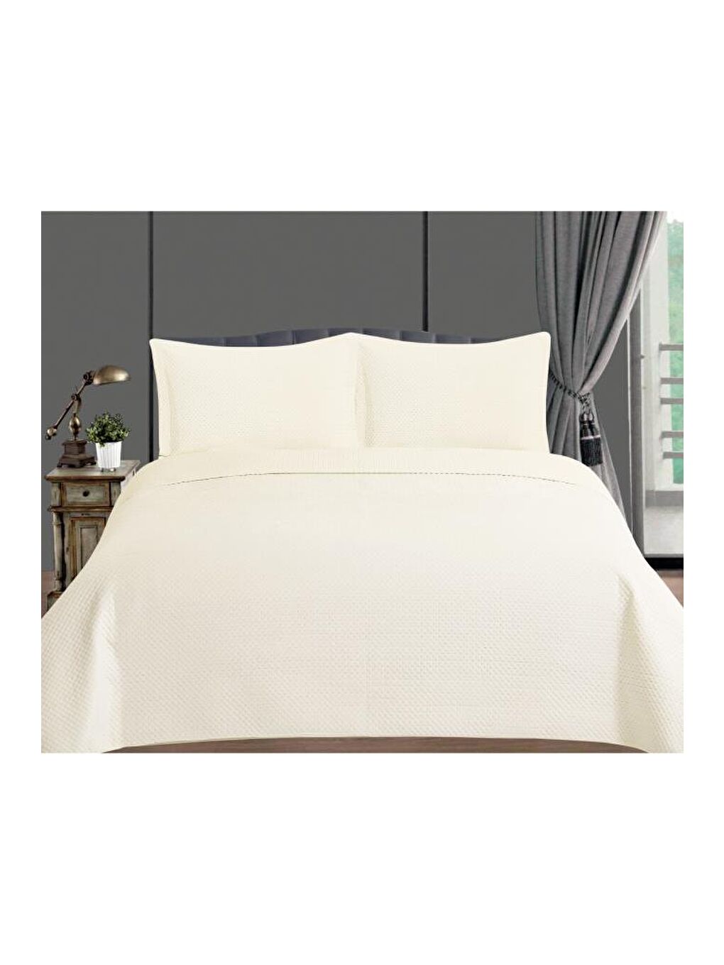 Ekru Toskana Tek Kişilik Lüks Kadife Yatak Örtüsü Krem