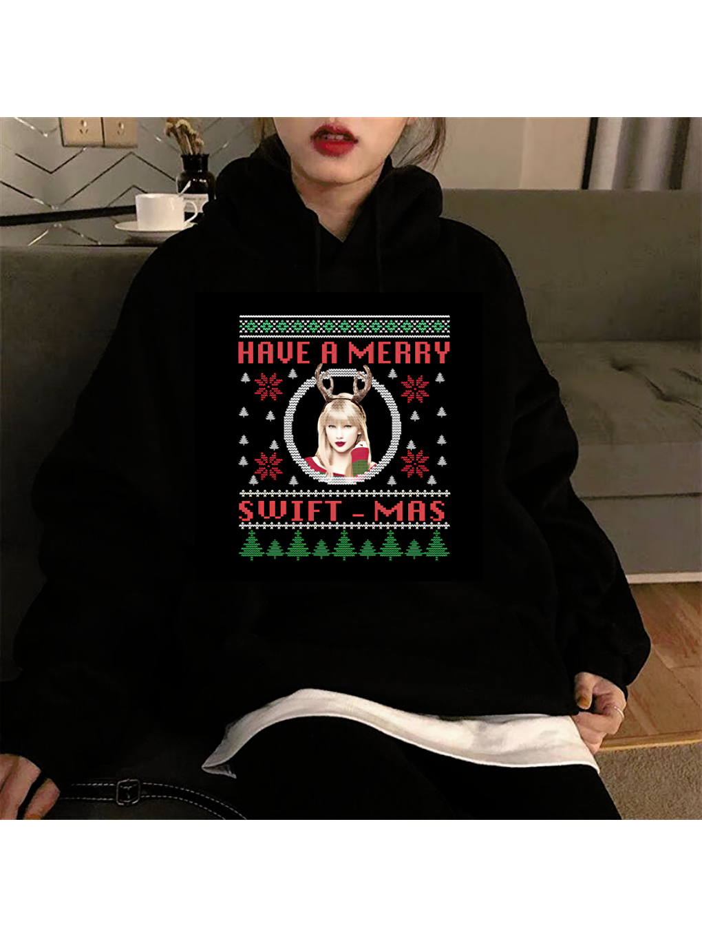 Touz Moda Have a Merry Baskılı Siyah Unisex Oversize Kapüşonlu Sweatshirt