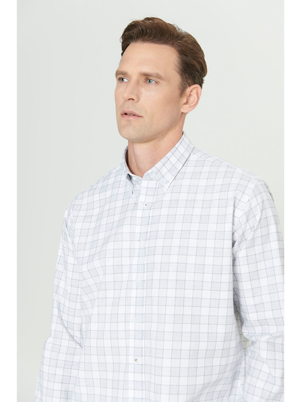 Erkek Beyaz-Haki Slim Fit Dar Kesim Klasik Yaka Pamuklu Armürlü Gömlek-3